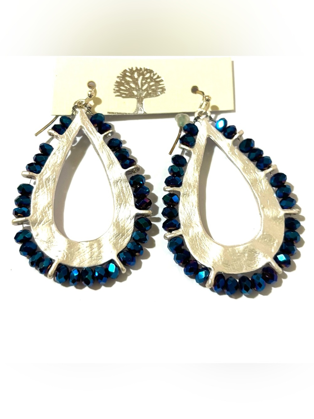 Silver Teardrop Earrings with Deep Blue Faceted Beads